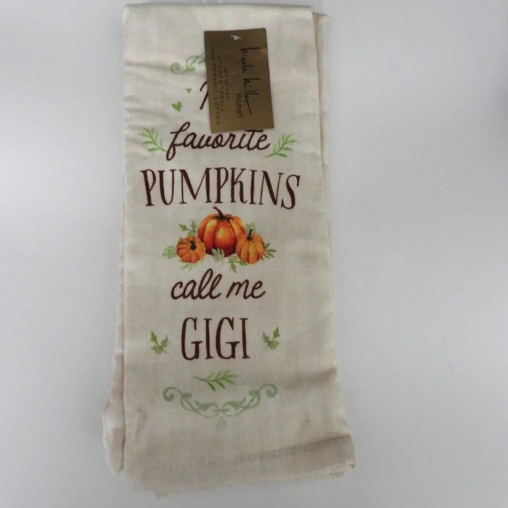 NWT Nicole Miller Gigi Organic Cotton Kitchen Towels Pack 2 Pimpkins Off-white